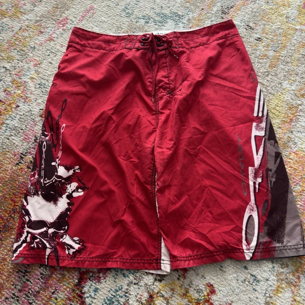 Vintage Y2K Oakley Graphic Board Shorts Swim Trunks Red Size 36